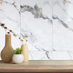 UV Coated White Statuario Marble Sheet, Self Adhesive And Washable Wall Stickers For Wall Decoration ( Set Of 10 )(MS-12)