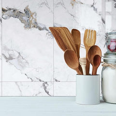 UV Coated White Statuario Marble Sheet, Self Adhesive And Washable Wall Stickers For Wall Decoration ( Set Of 10 )(MS-12)