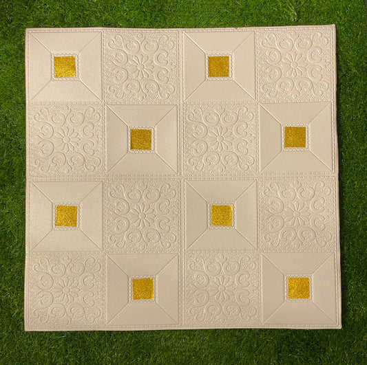 3D Wall Sticker PVC Foam Royal Pattern Self-Adhesive Wallpaper PE Foam, Washable Wall Paper Sheets for Living Room Wall for Bedroom, Office, Kitchen (70 CM x 70 CM)(White Golden)(Set of 5)(FS-28)