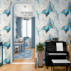 Sky Blue and White Marble sheet with Golden UV Coated Real Marble Tile Designed wall Stickers, Self Adhesive And Washable Wall Stickers For Wall Decoration (60 CM x 60 CM) ( Set Of 05 )(MS-44)