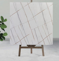 white Base With Brown & Gray Veining UV Coated Real Marble Tile Designed wall Stickers, Self Adhesive And Washable Wall Stickers For Wall Decoration (60 CM x 60 CM) ( Set Of 05 )(MS-59)