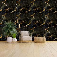 Black marble texture with Gold veining shaded UV Coated Real Marble Tile Designed wall Stickers, Self Adhesive And Washable Wall Stickers For Wall Decoration (60 CM x 60 CM) ( Set Of 05 )(MS-64)