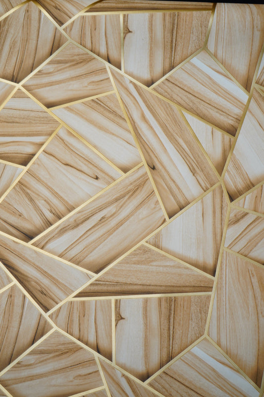 Light Wooden Abstract Design with Golden pattern Wallpapers 3D Design Not Self Adhesive 53 Cm X 1000 Cm for PVC Vinyl Coated for Wall Bedroom Living Room Latest Stylish for Home Decoration (Light Brown & Golden , 57 Sqft Roll) (NW-04)