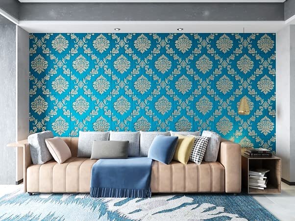 Blue Damask Wallpaper for Walls 3D Design I Foam Wall Paper Sticker Panels I Textured & Waterproof 3D Wall Tiles (70 CM x 70 CM)(Set of 5)(FS-14)