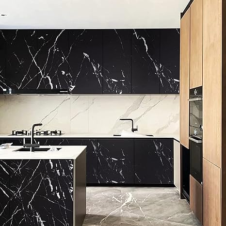 Infidecor Kitchen Sticker Sheets for Shelves Oil Proof Waterproof self Adhesive Wallpaper Cupboard mats Liner roll for Kitchen Platform, Wardrobe Marble Sheets for Wall (45*500 cm) (Black Marble)