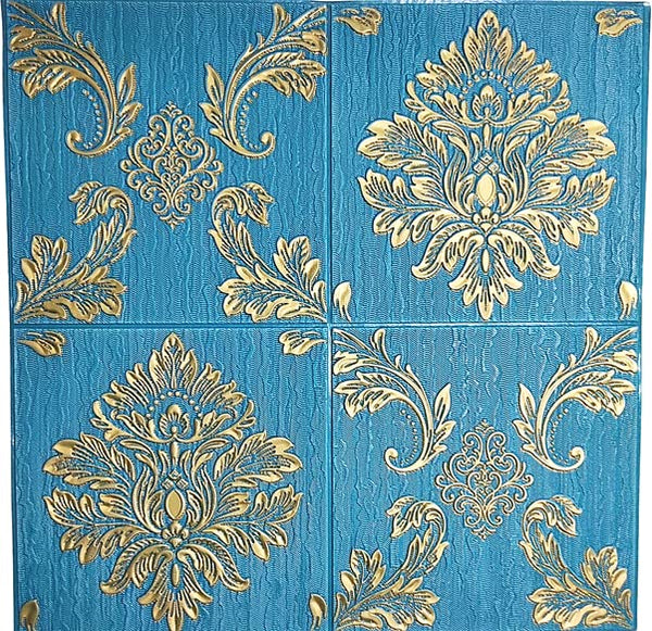 Blue Damask Wallpaper for Walls 3D Design I Foam Wall Paper Sticker Panels I Textured & Waterproof 3D Wall Tiles (70 CM x 70 CM)(Set of 5)(FS-14)