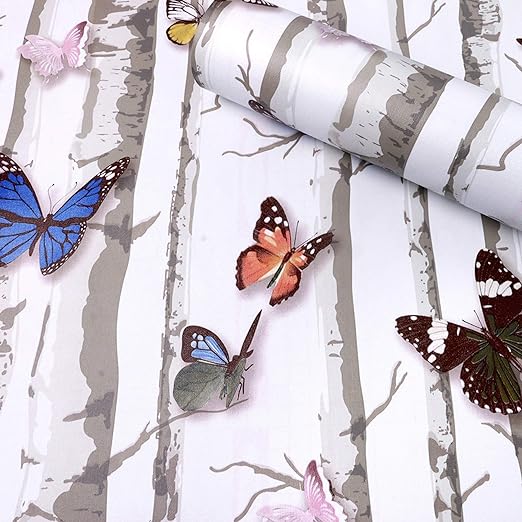 Infidecor Wall Stickers DIY Wallpaper (45 x 500 cm) 3D Stark Trees and Butterflies Decals Self Adhesive Waterproof Kids Room Wardrobe, Wall Decor Nature, White
