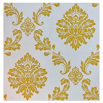Infidecor 3D White-Golden Floral Wallpaper for Wall PE Foam Wall Stickers Self Adhesive DIY Wall Decor (70 CM x 70 CM)(Pack of 5)(FS-12)