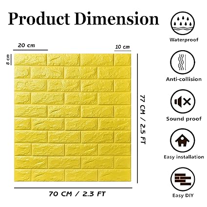 Infidecor PE Foam Yellow  Brick Wall Stickers  Self Adhesive 3D Brick Design Wall Panels Peel and Stick Wallpaper Waterproof Anti fouling Wall Tiles for Home Décor(70 CM x 77 CM) (Approx. 5.06SqFt)(Set of 5)(FS-03)