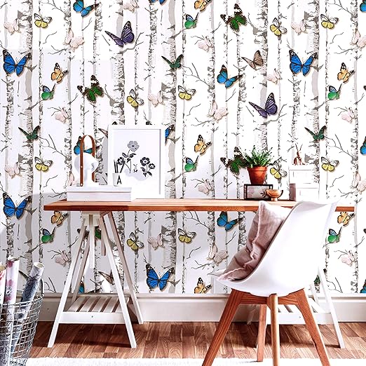 Infidecor Wall Stickers DIY Wallpaper (45 x 500 cm) 3D Stark Trees and Butterflies Decals Self Adhesive Waterproof Kids Room Wardrobe, Wall Decor Nature, White