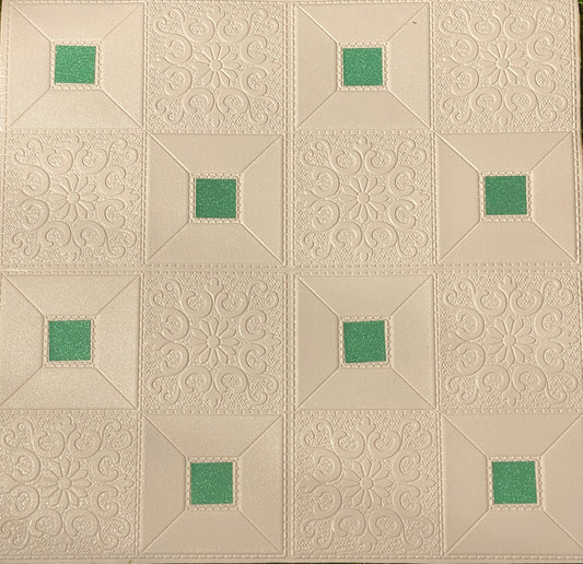 3D Wall Sticker PVC Foam Royal Pattern Self-Adhesive Wallpaper PE Foam, Washable Wall Paper Sheets for Living Room Wall for Bedroom, Office, Kitchen (70 CM x 70 CM)(White Green)(Set of 5)(FS-27)