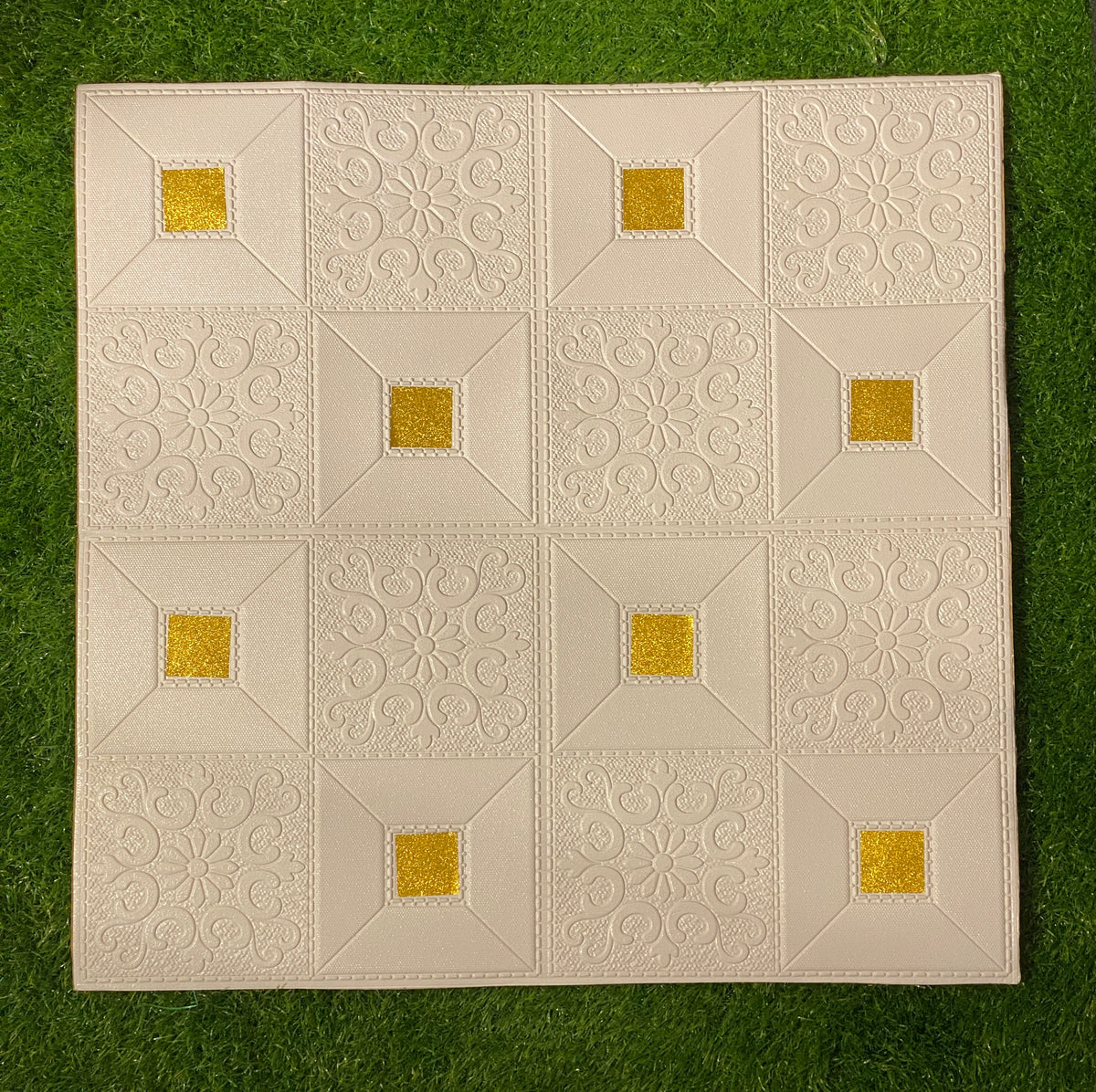 3D Wall Sticker PVC Foam Royal Pattern Self-Adhesive Wallpaper PE Foam, Washable Wall Paper Sheets for Living Room Wall for Bedroom, Office, Kitchen (70 CM x 70 CM)(White Golden)(Set of 5)(FS-28)