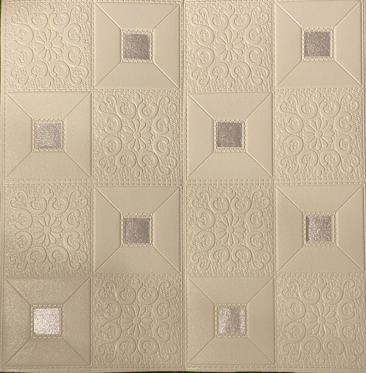 3D Wall Sticker PVC Foam Royal Pattern Self-Adhesive Wallpaper PE Foam, Washable Wall Paper Sheets for Living Room Wall for Bedroom, Office, Kitchen (70 CM x 70 CM)(White Silver)(Set of 5)(FS-29)