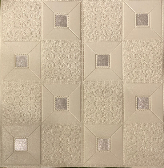 3D Wall Sticker PVC Foam Royal Pattern Self-Adhesive Wallpaper PE Foam, Washable Wall Paper Sheets for Living Room Wall for Bedroom, Office, Kitchen (70 CM x 70 CM)(White Silver)(Set of 5)(FS-29)