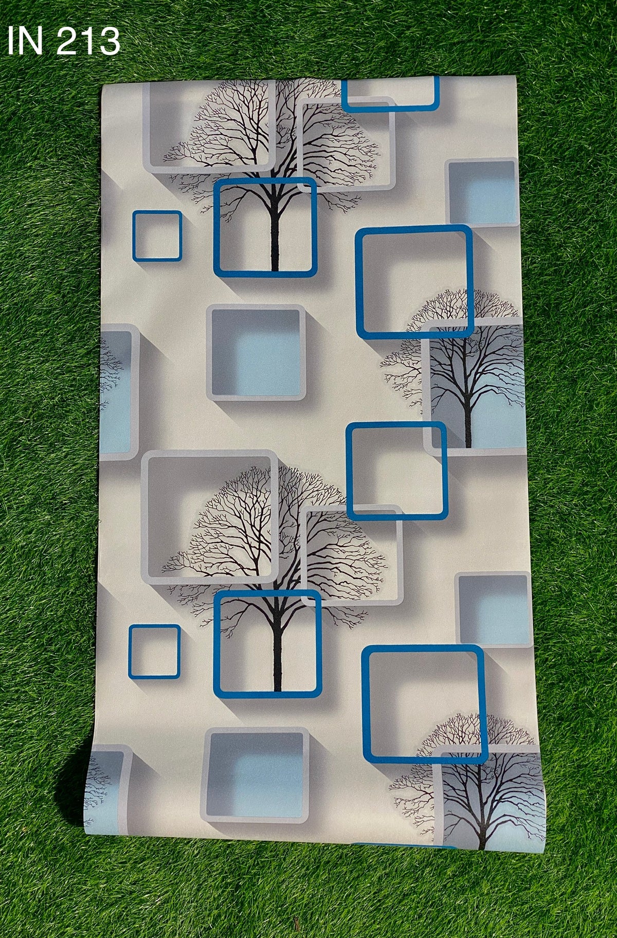 White And Sky Blue Tree  And Block Pattern Not Self Adhesive 53 Cm X 1000 Cm for PVC Vinyl Coated for Wall Bedroom Living Room Latest Stylish for Home Decoration ( 57 Sqft Roll) (IN-213)