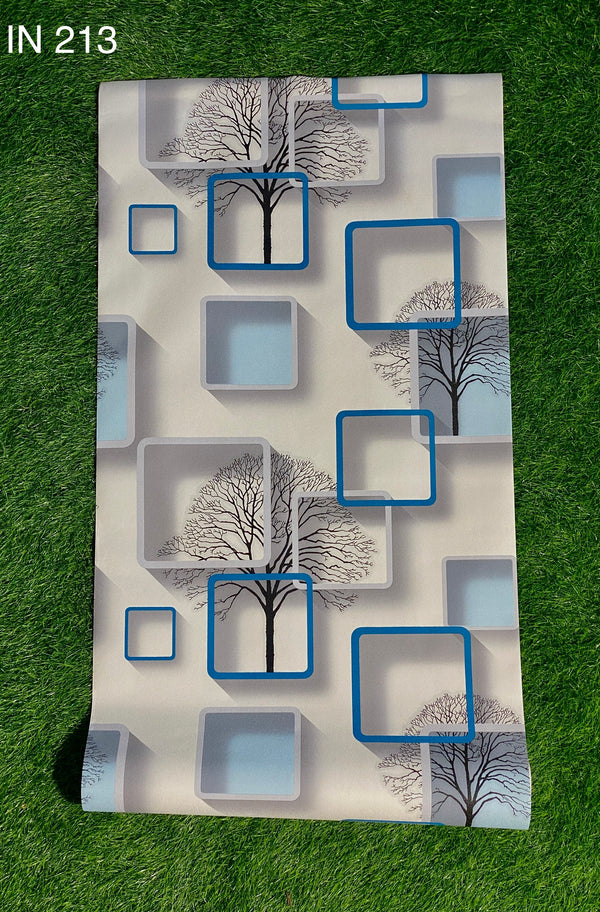 White And Sky Blue Tree  And Block Pattern Not Self Adhesive 53 Cm X 1000 Cm for PVC Vinyl Coated for Wall Bedroom Living Room Latest Stylish for Home Decoration ( 57 Sqft Roll) (IN-213)