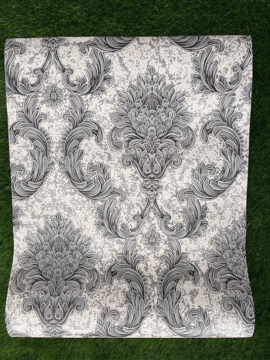 White Floral Design with Gray and black  Pattern Design  Not Self Adhesive 53 Cm X 1000 Cm for PVC Vinyl Coated for Wall Bedroom Living Room Latest Stylish for Home Decoration ( 57 Sqft Roll) (IN-02)