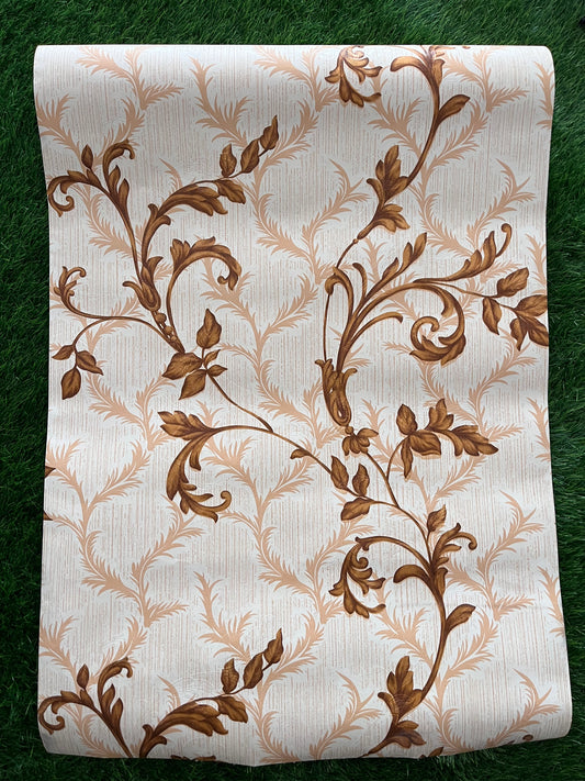 White Floral Design with Brown Leaf  Pattern Design  Not Self Adhesive 53 Cm X 1000 Cm for PVC Vinyl Coated for Wall Bedroom Living Room Latest Stylish for Home Decoration ( 57 Sqft Roll) (IN-07)
