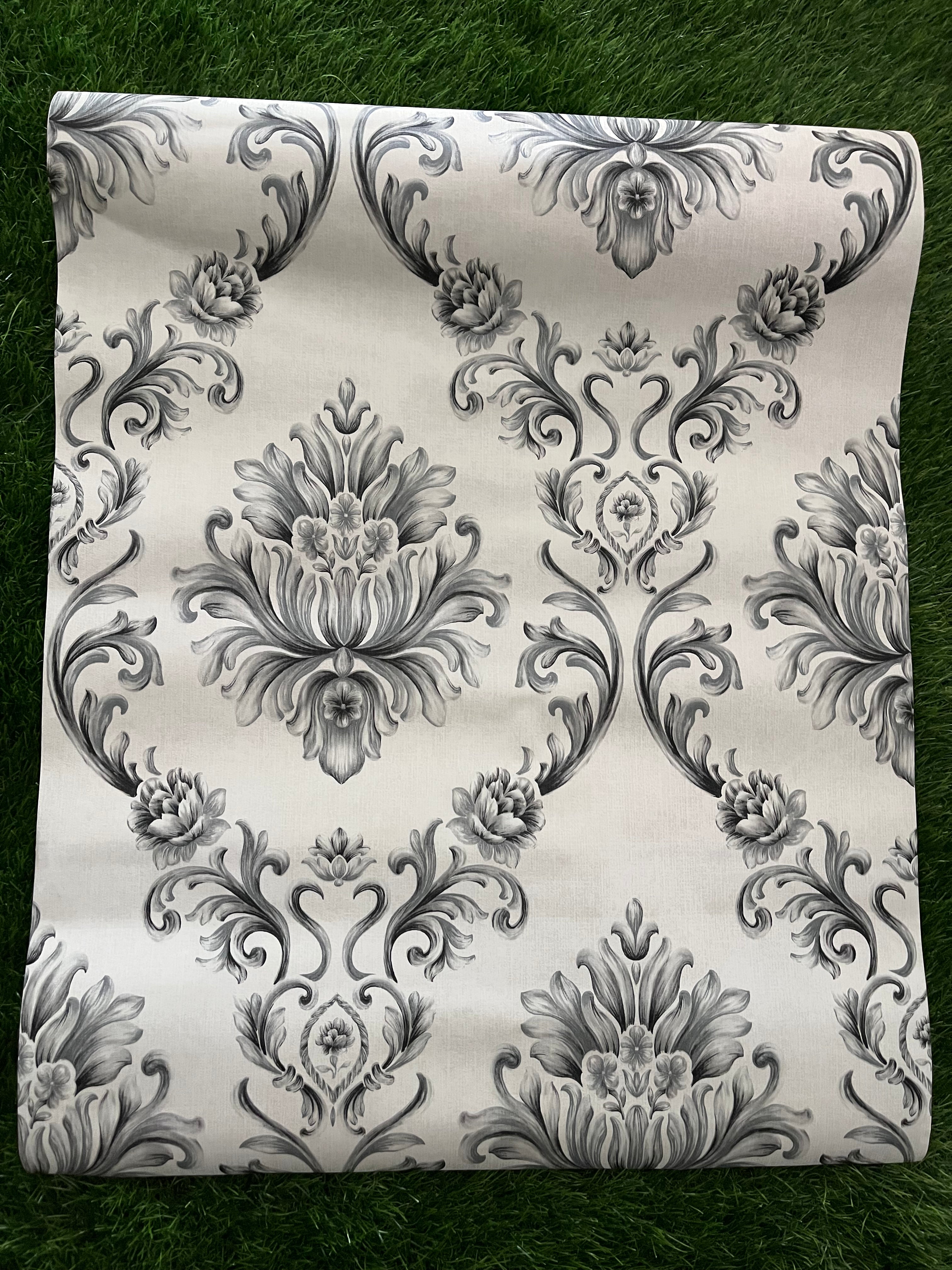 White Floral Design With Gray Leaf Pattern Design Not Self Adhesive 53 Cm X 1000 Cm for PVC Vinyl Coated for Wall Bedroom Living Room Latest Stylish for Home Decoration ( 57 Sqft Roll) (IN-19)