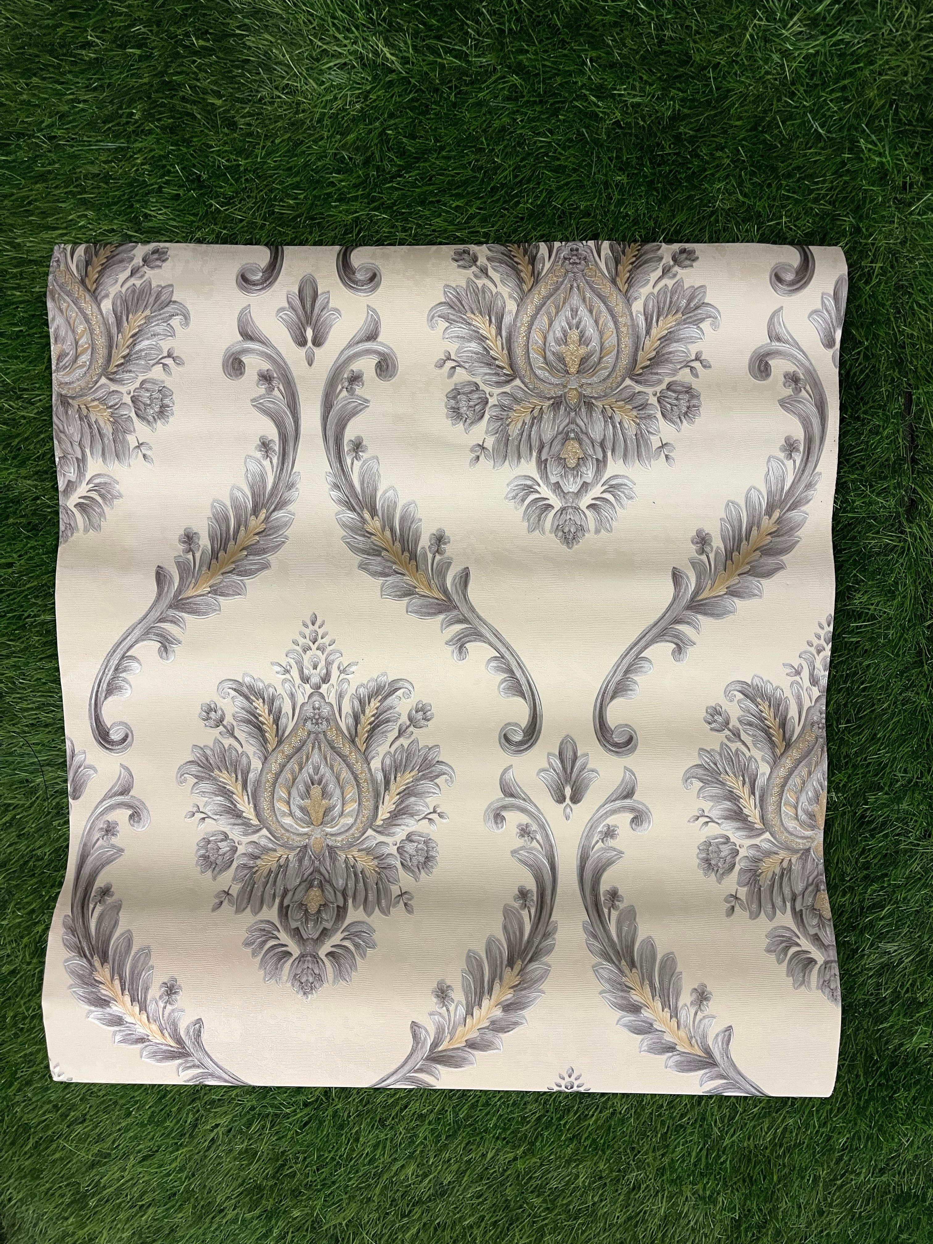 White Floral Design With Gray & Brown Pattern Design Not Self Adhesive 53 Cm X 1000 Cm for PVC Vinyl Coated for Wall Bedroom Living Room Latest Stylish for Home Decoration ( 57 Sqft Roll) (IN-27)