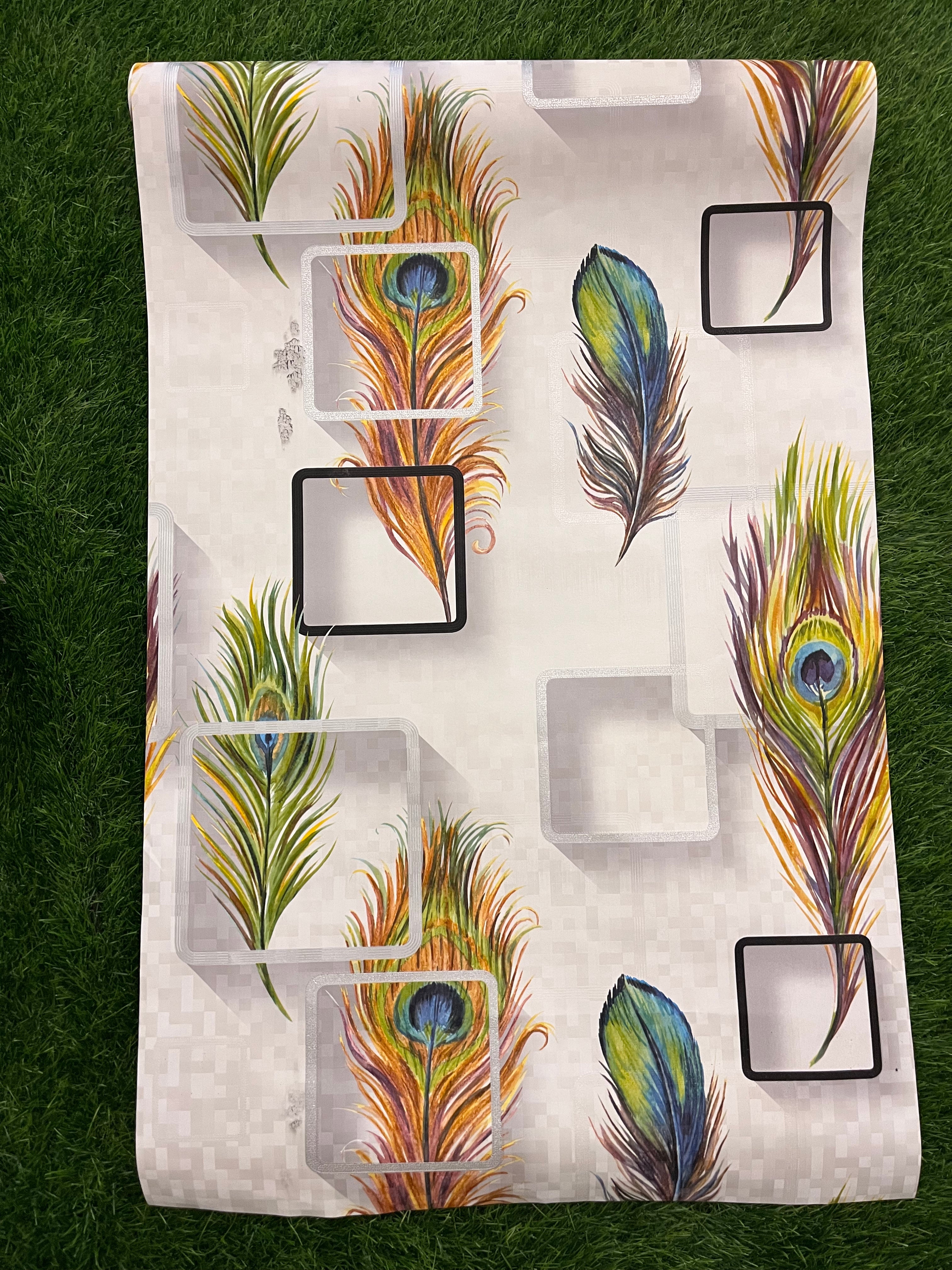 White abstract design with multicolor feather  Pattern Design Not Self Adhesive 53 Cm X 1000 Cm for PVC Vinyl Coated for Wall Bedroom Living Room Latest Stylish for Home Decoration ( 57 Sqft Roll) (IN-32)