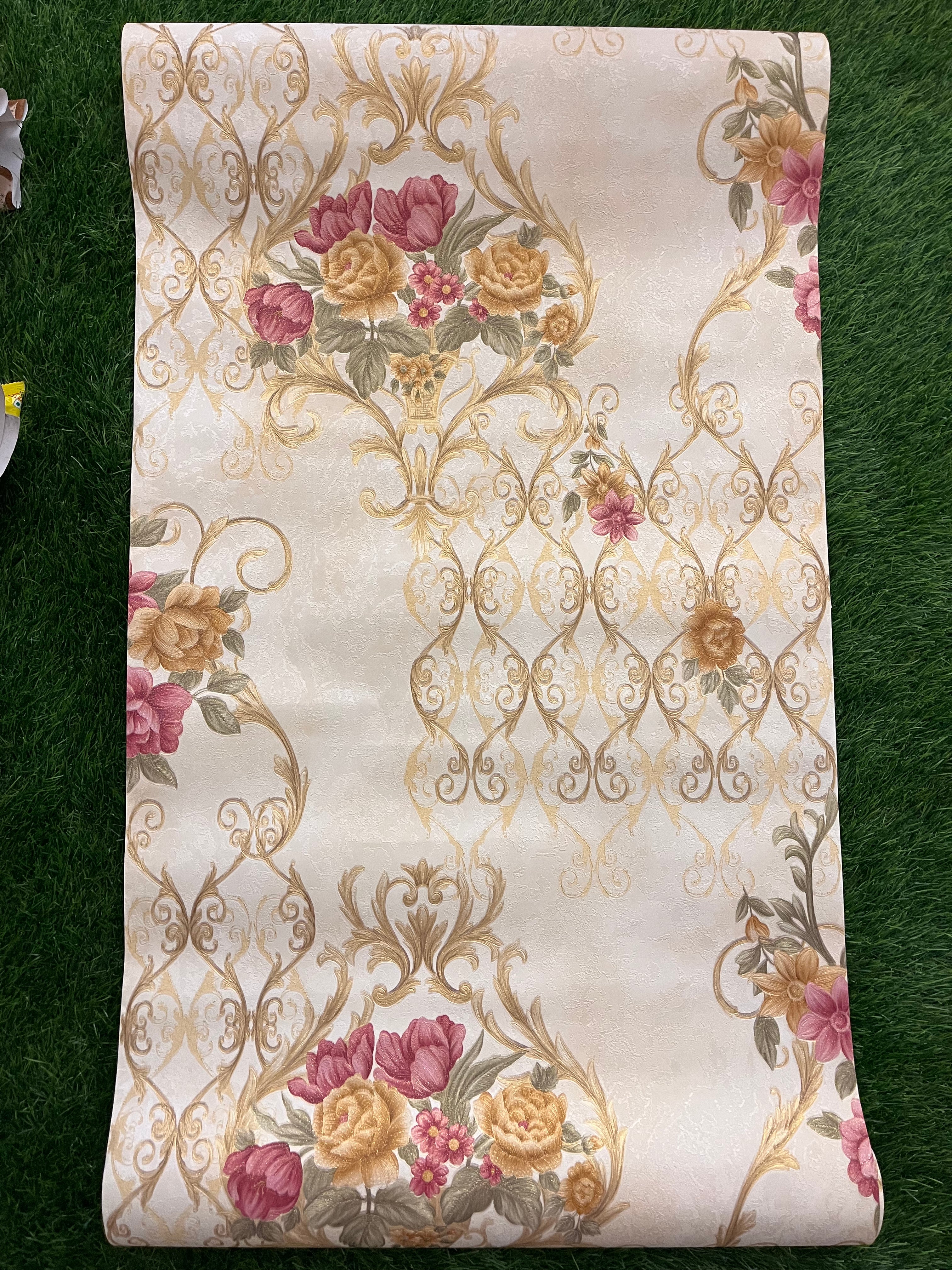 White Floral Design With Pink & Orange Flowers Pattern Design Not Self Adhesive 53 Cm X 1000 Cm for PVC Vinyl Coated for Wall Bedroom Living Room Latest Stylish for Home Decoration ( 57 Sqft Roll) (IN-33)