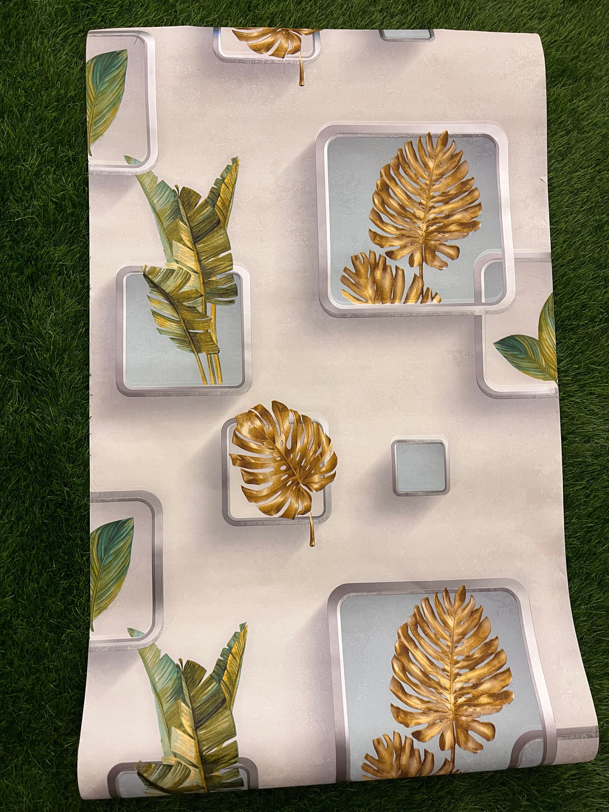 White Abstract With Green & Brown Leaf Pattern Design Not Self Adhesive 53 Cm X 1000 Cm for PVC Vinyl Coated for Wall Bedroom Living Room Latest Stylish for Home Decoration ( 57 Sqft Roll) (IN-35)