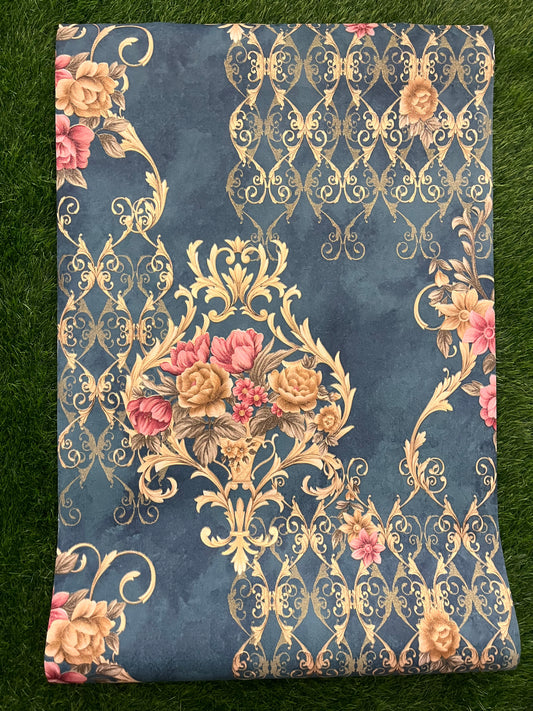 Blue Floral Design With Golden   Pattern Design Not Self Adhesive 53 Cm X 1000 Cm for PVC Vinyl Coated for Wall Bedroom Living Room Latest Stylish for Home Decoration ( 57 Sqft Roll) (IN-36)