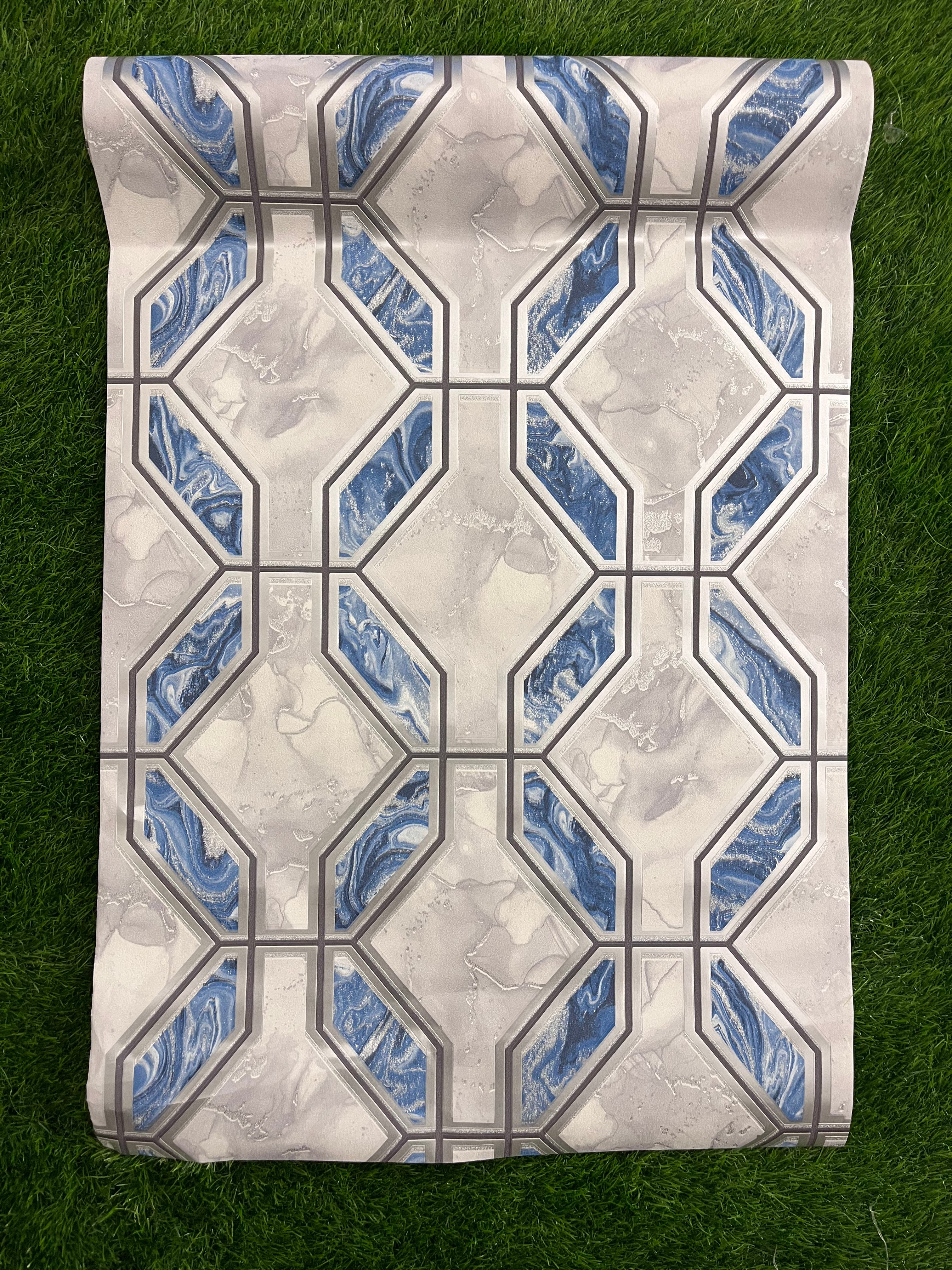 White & Blue 3D  Pattern Design Not Self Adhesive 53 Cm X 1000 Cm for PVC Vinyl Coated for Wall Bedroom Living Room Latest Stylish for Home Decoration ( 57 Sqft Roll) (IN-44)