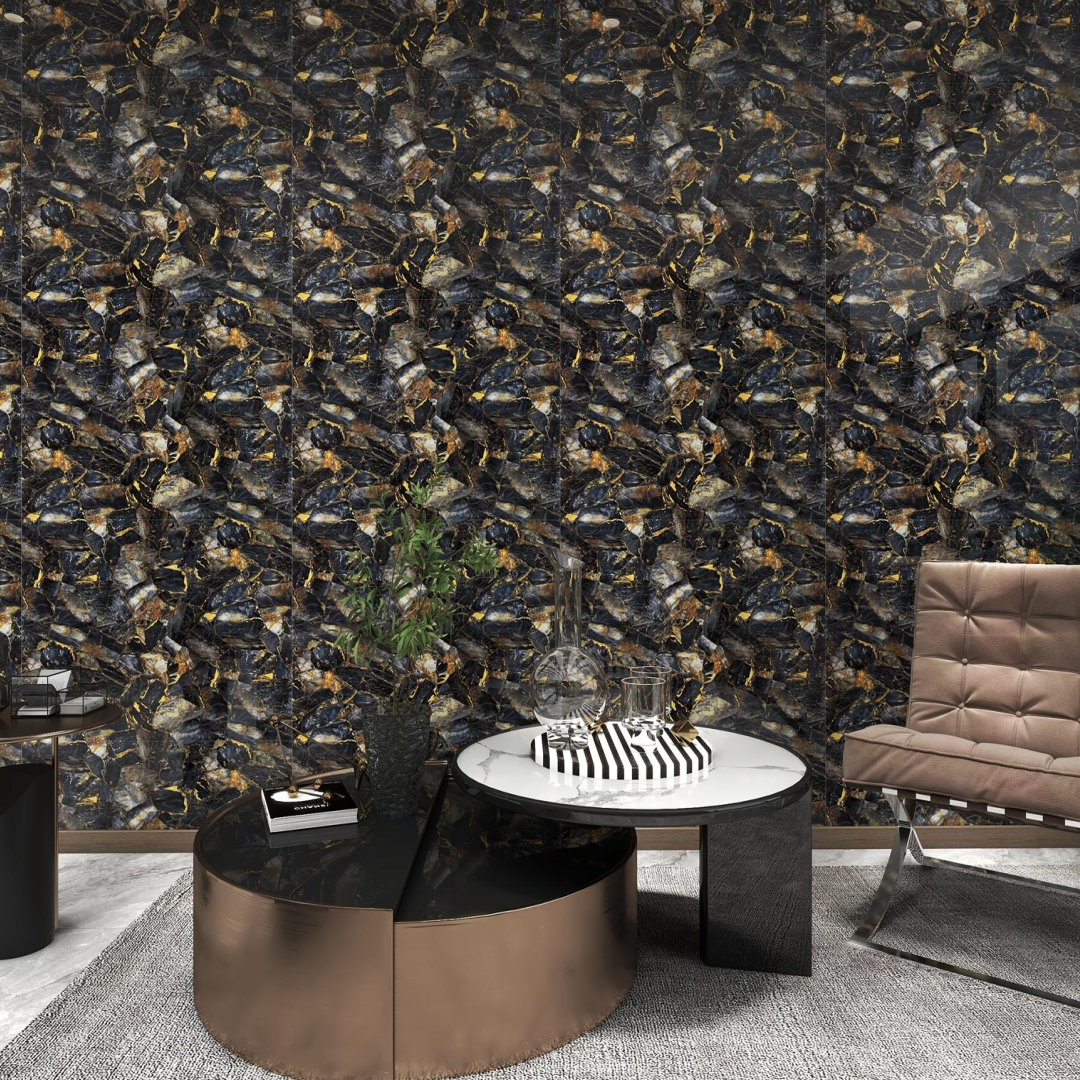 Black marble finished UV Coated Real Marble Tile Designed wall Stickers, Self Adhesive And Washable Wall Stickers For Wall Decoration (60 CM x 60 CM) ( Set Of 05)(MS-22)