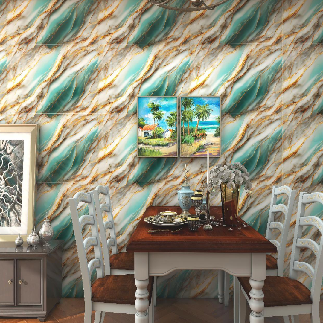 Green & Brown shaded UV Coated Real Marble Tile Designed wall Stickers, Self Adhesive And Washable Wall Stickers For Wall Decoration (60 CM x 60 CM) ( Set Of 05 )(MS-23)