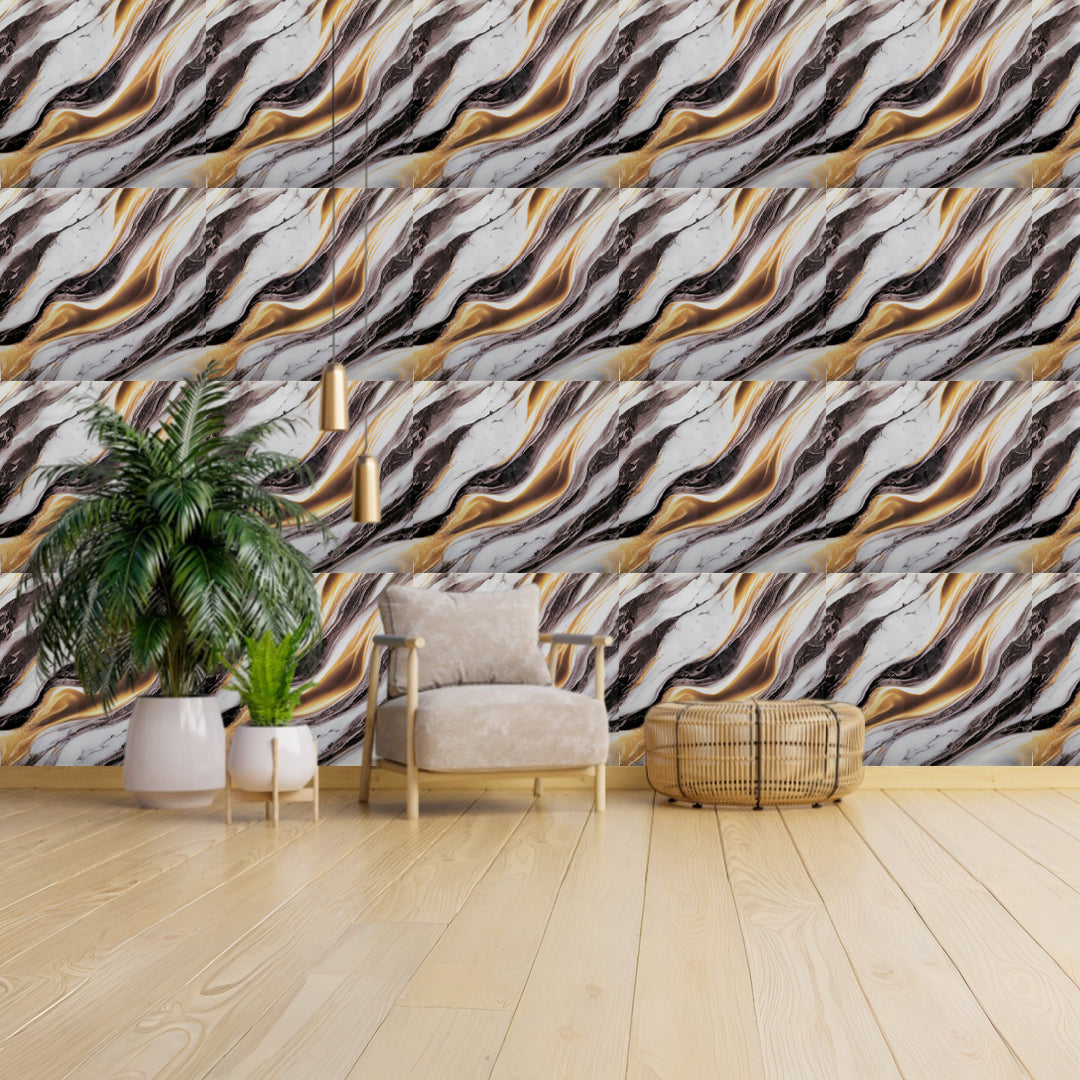 Black & Brown UV Coated Real Marble Tile Designed wall Stickers, Self Adhesive And Washable Wall Stickers For Wall Decoration (60 CM x 60 CM) ( Set Of 05)(MS-25)