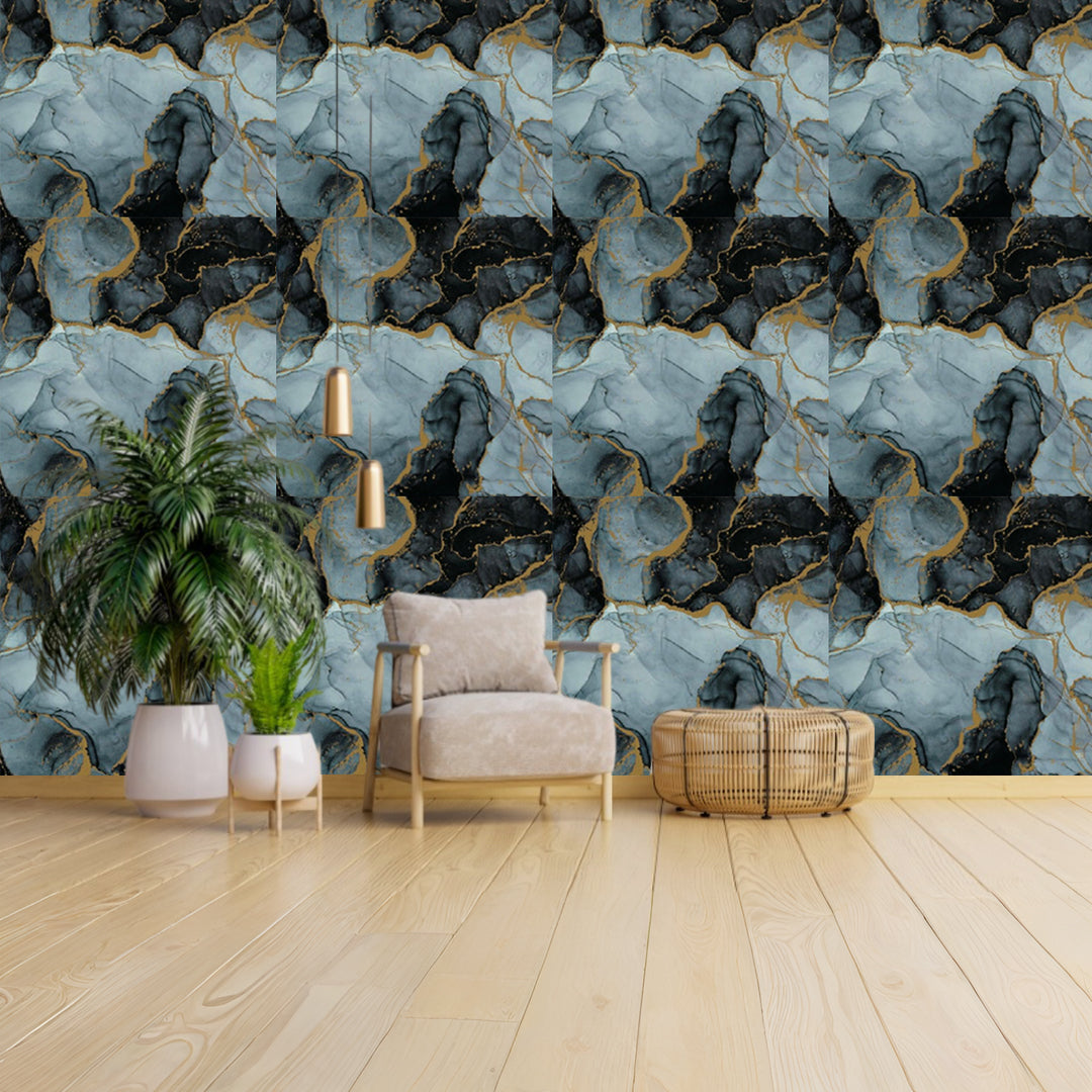 Sky Blue & Black  UV Coated Real Marble Tile Designed wall Stickers, Self Adhesive And Washable Wall Stickers For Wall Decoration (60 CM x 60 CM) ( Set Of 05 )(MS-36)