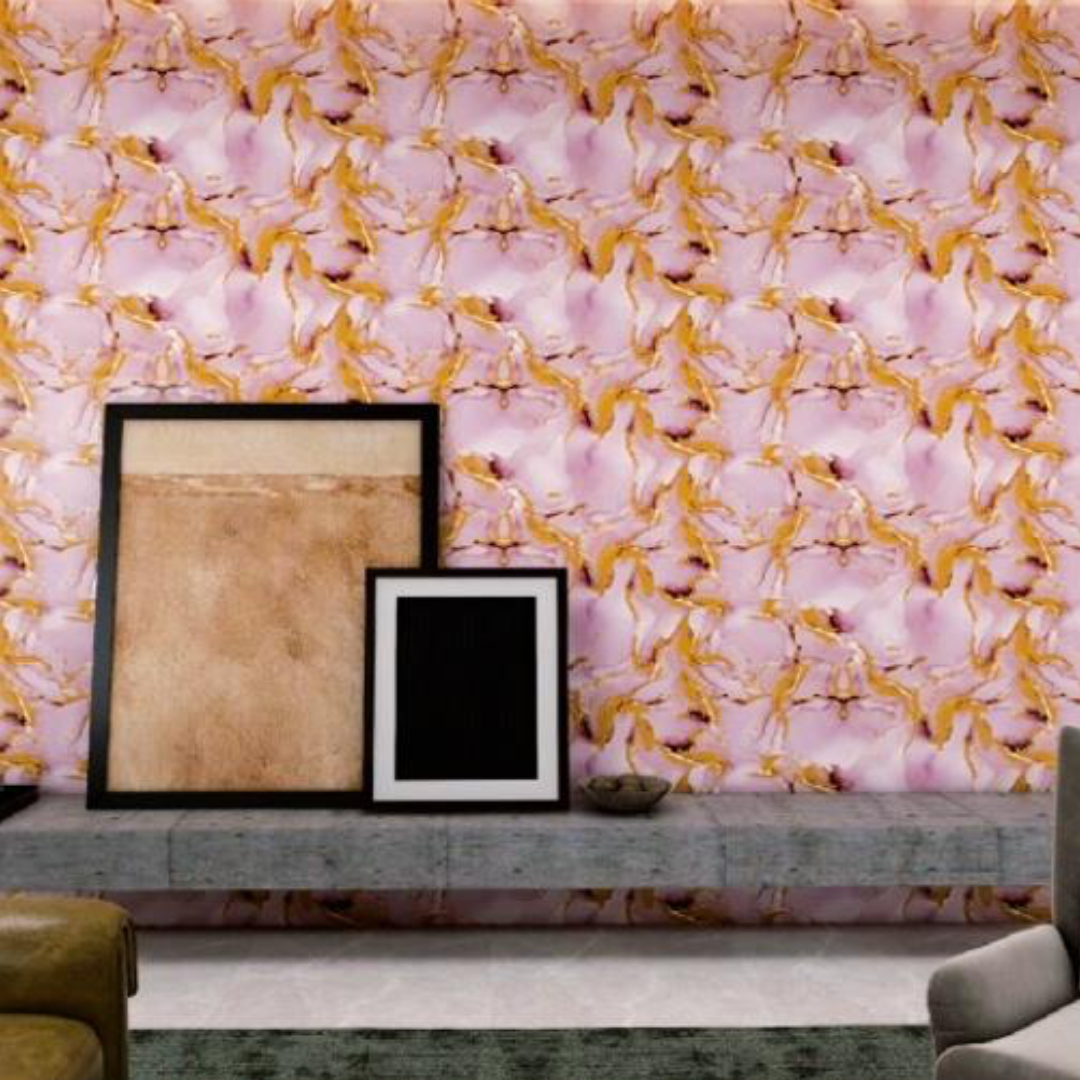 Pink & Golden UV Coated Real Marble Tile Designed wall Stickers, Self Adhesive And Washable Wall Stickers For Wall Decoration (60 CM x 60 CM) ( Set Of 05 )(MS-37)