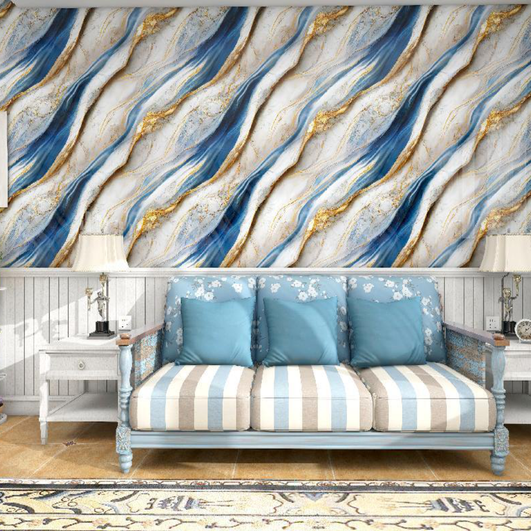 White -Blue and Golden  UV Coated Real Marble Tile Designed wall Stickers, Self Adhesive And Washable Wall Stickers For Wall Decoration (60 CM x 60 CM) ( Set Of 05 )(MS-46)