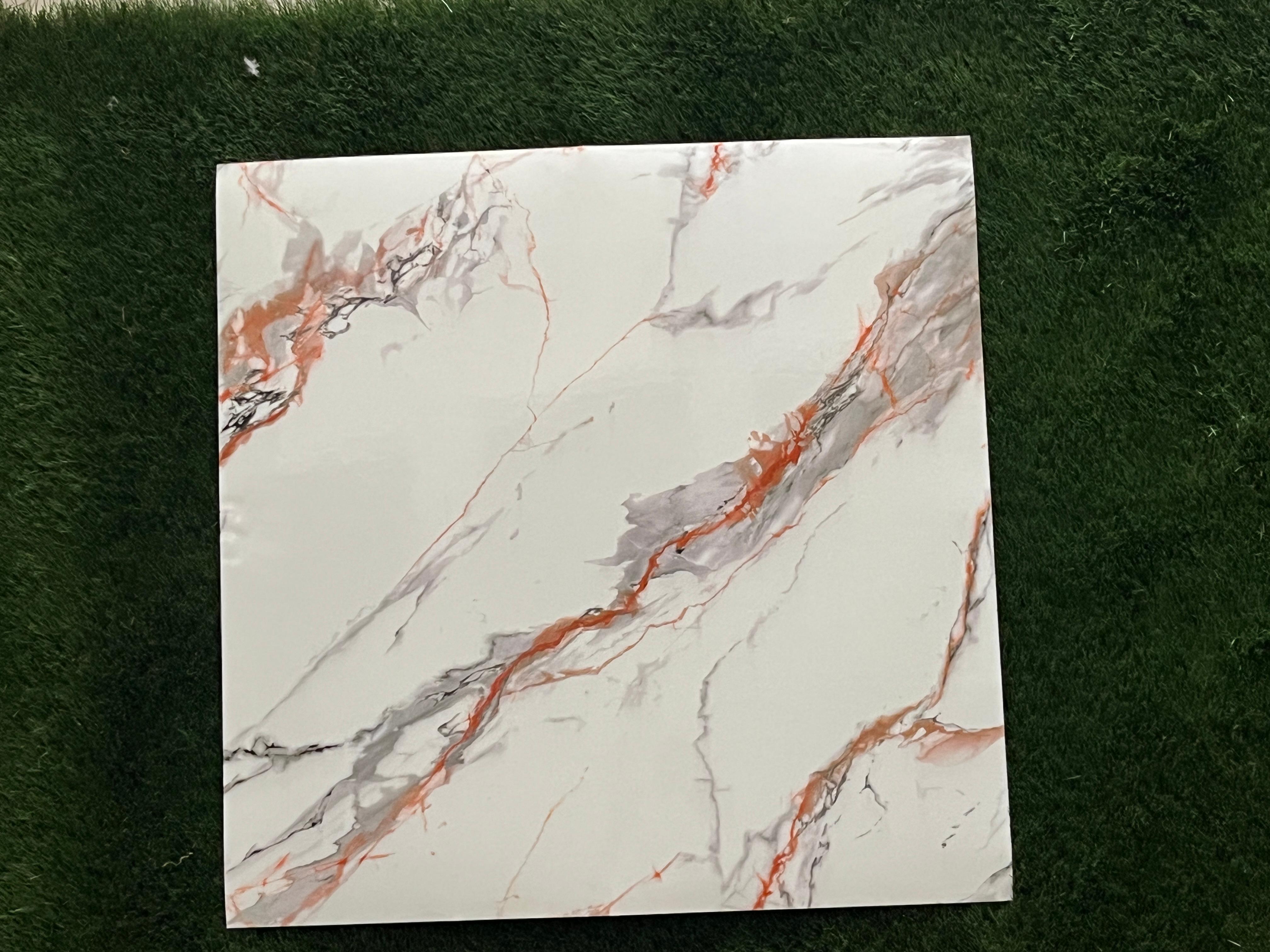 white And Red with Black designUV Coated Real Marble Tile Designed wall Stickers, Self Adhesive And Washable Wall Stickers For Wall Decoration (60 CM x 60 CM) ( Set Of 05 )(MS-54)