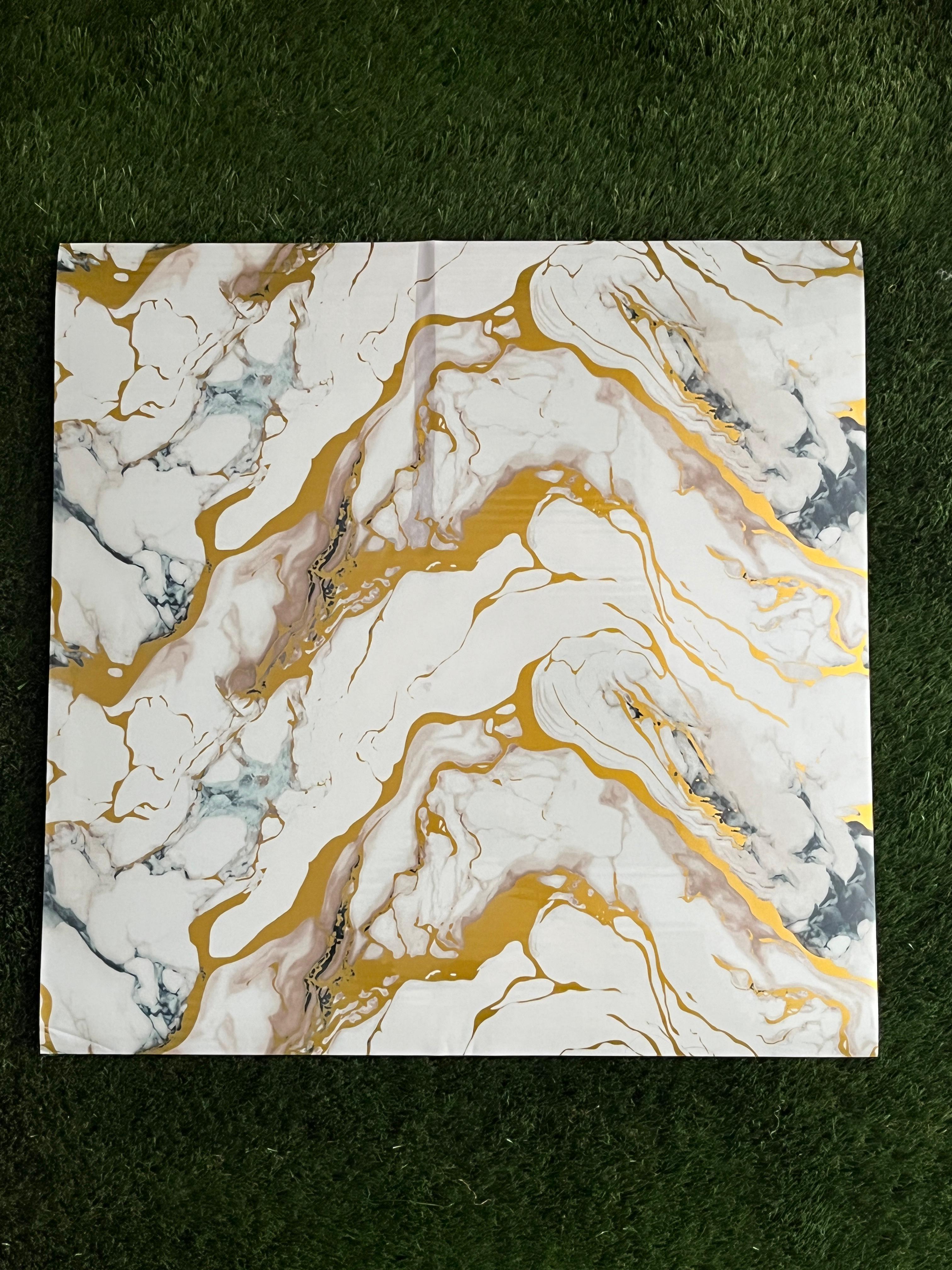 White and golden Designe with Browny shade  UV Coated Real Marble Tile Designed wall Stickers, Self Adhesive And Washable Wall Stickers For Wall Decoration (60 CM x 60 CM) ( Set Of 05 )(MS-58)