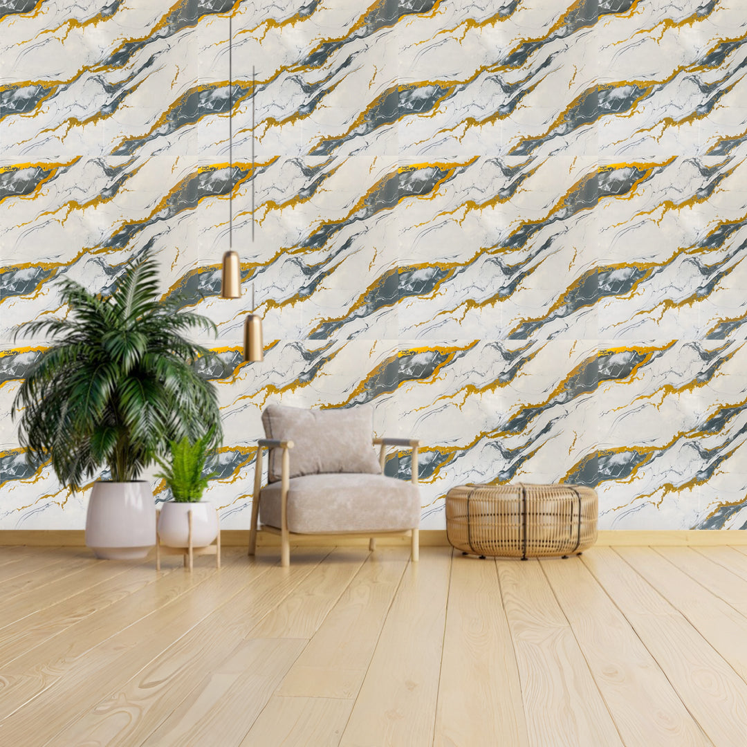 white with Gold & Gray Veining shaded UV Coated Real Marble Tile Designed wall Stickers, Self Adhesive And Washable Wall Stickers For Wall Decoration (60 CM x 60 CM) ( Set Of 05 )(MS-63)