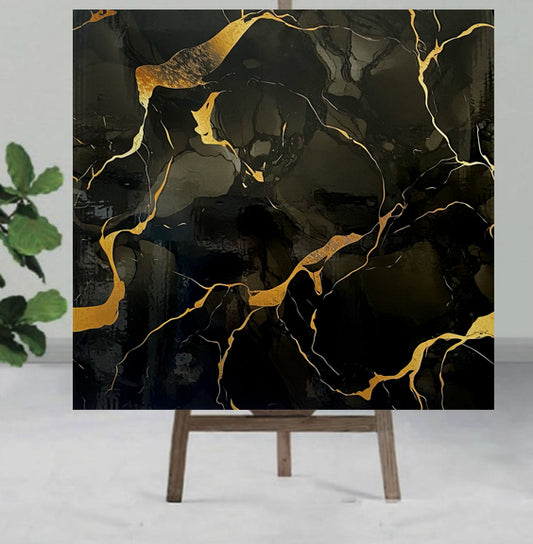 Black marble texture with Gold veining shaded UV Coated Real Marble Tile Designed wall Stickers, Self Adhesive And Washable Wall Stickers For Wall Decoration (60 CM x 60 CM) ( Set Of 05 )(MS-64)