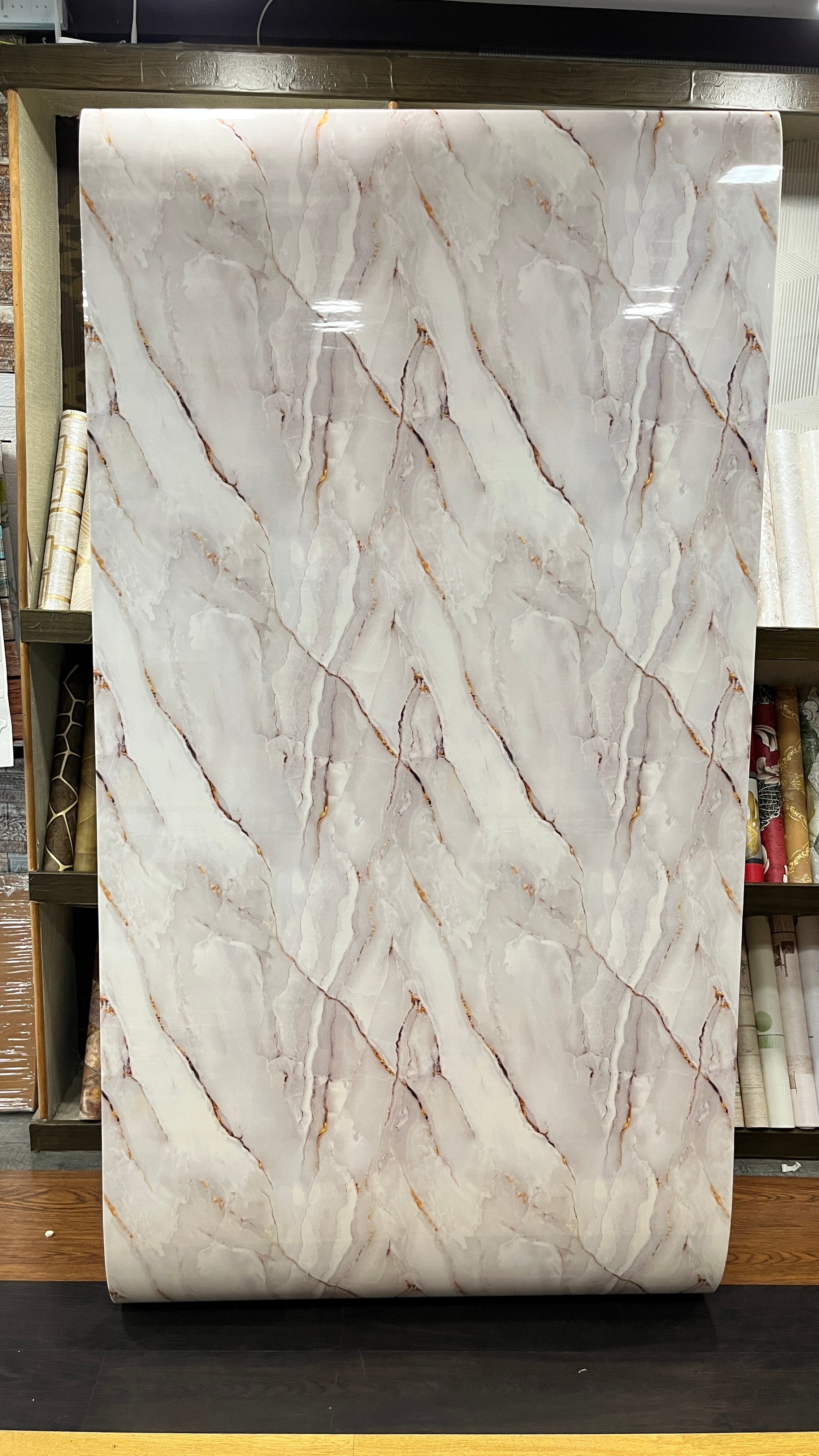 White with Brown & Gray Lines UV Coated Self Adhesive Real Marble finished  Wallpaper Roll For Hall, Bedroom, Hotel And Cafe Décor | Washable and Waterproof Marble Wallpaper Roll(4 Feet x 9.25 Feet) MS Roll-51