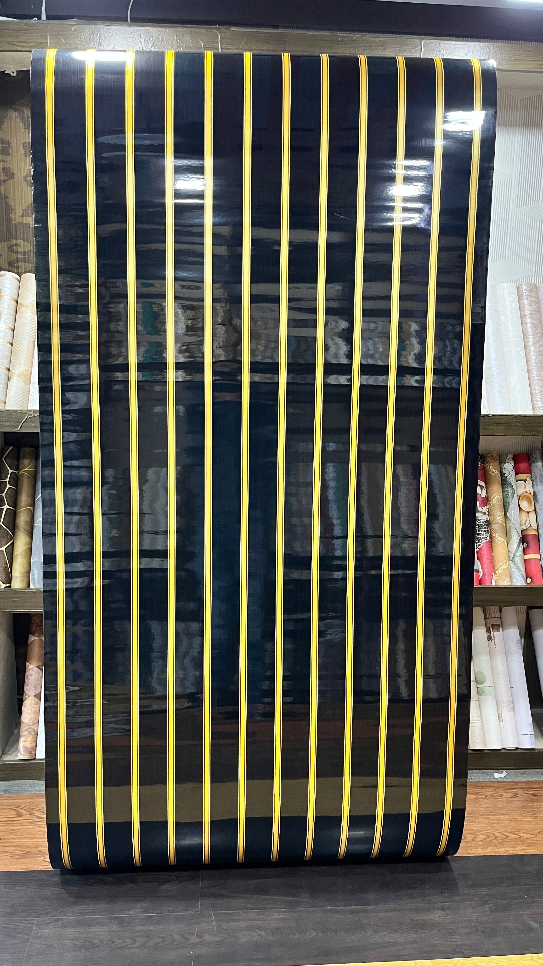 Black with Golden Strips UV Coated Self Adhesive Real Marble finished Wallpaper Roll For Hall, Bedroom, Hotel And Cafe Décor | Washable and Waterproof Marble Wallpaper Roll(4 Feet x 9.25 Feet)MS Roll-101