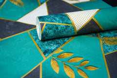 Turquoise Blue with Golden Leaves Design Wallpaper Damask Design Not Self Adhesive 53 Cm X 1000 Cm for PVC Vinyl Coated for  Wall Bedroom Living Room Latest Stylish for Home Decoration (Turquoise with Golden Leaves, 57 Sqft Roll) (NW-32)
