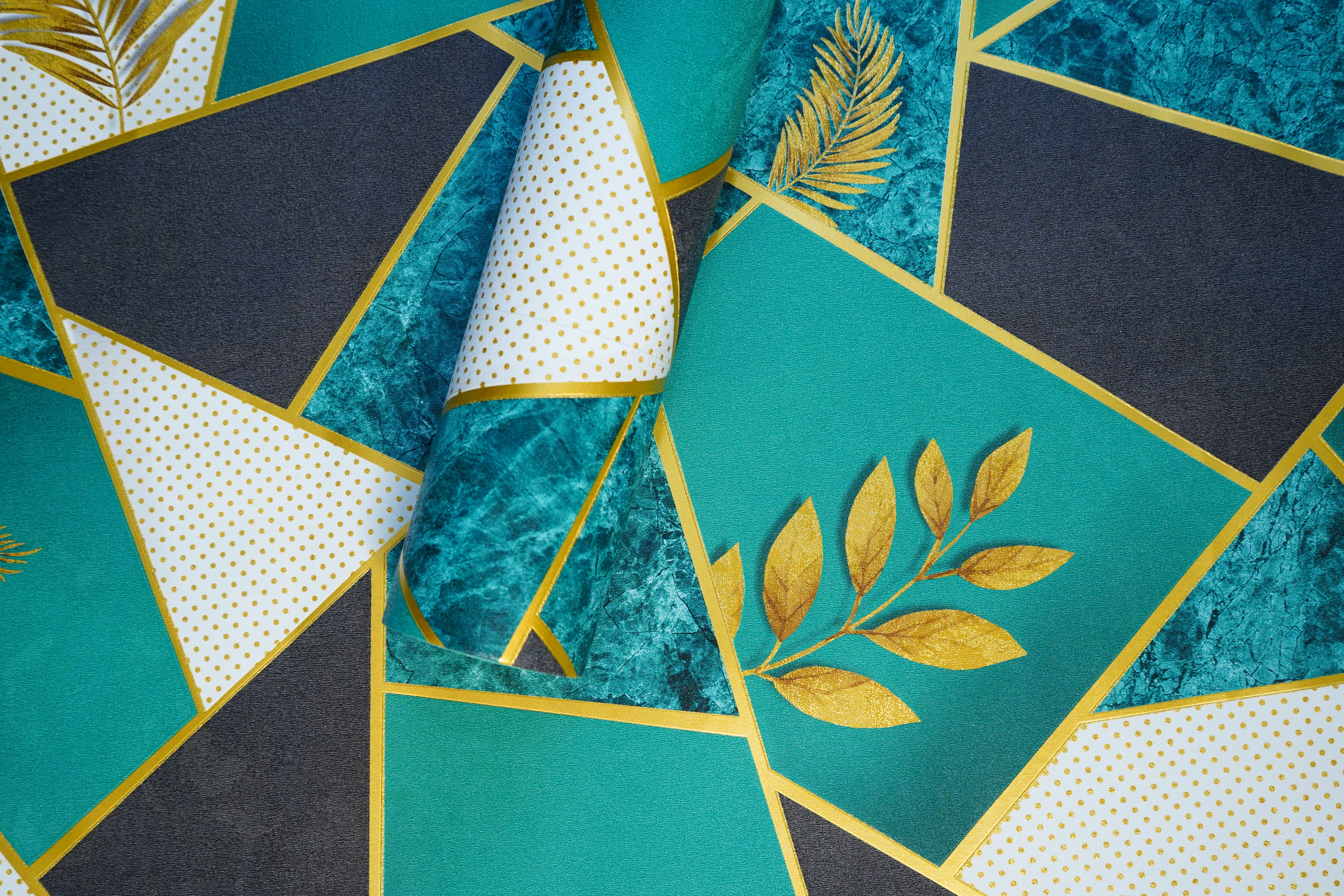 Turquoise Blue with Golden Leaves Design Wallpaper Damask Design Not Self Adhesive 53 Cm X 1000 Cm for PVC Vinyl Coated for  Wall Bedroom Living Room Latest Stylish for Home Decoration (Turquoise with Golden Leaves, 57 Sqft Roll) (NW-32)