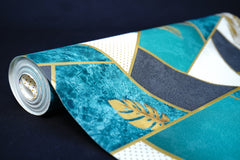 Turquoise Blue with Golden Leaves Design Wallpaper Damask Design Not Self Adhesive 53 Cm X 1000 Cm for PVC Vinyl Coated for  Wall Bedroom Living Room Latest Stylish for Home Decoration (Turquoise with Golden Leaves, 57 Sqft Roll) (NW-32)