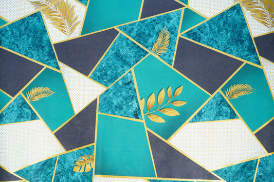 Turquoise Blue with Golden Leaves Design Wallpaper Damask Design Not Self Adhesive 53 Cm X 1000 Cm for PVC Vinyl Coated for  Wall Bedroom Living Room Latest Stylish for Home Decoration (Turquoise with Golden Leaves, 57 Sqft Roll) (NW-32)