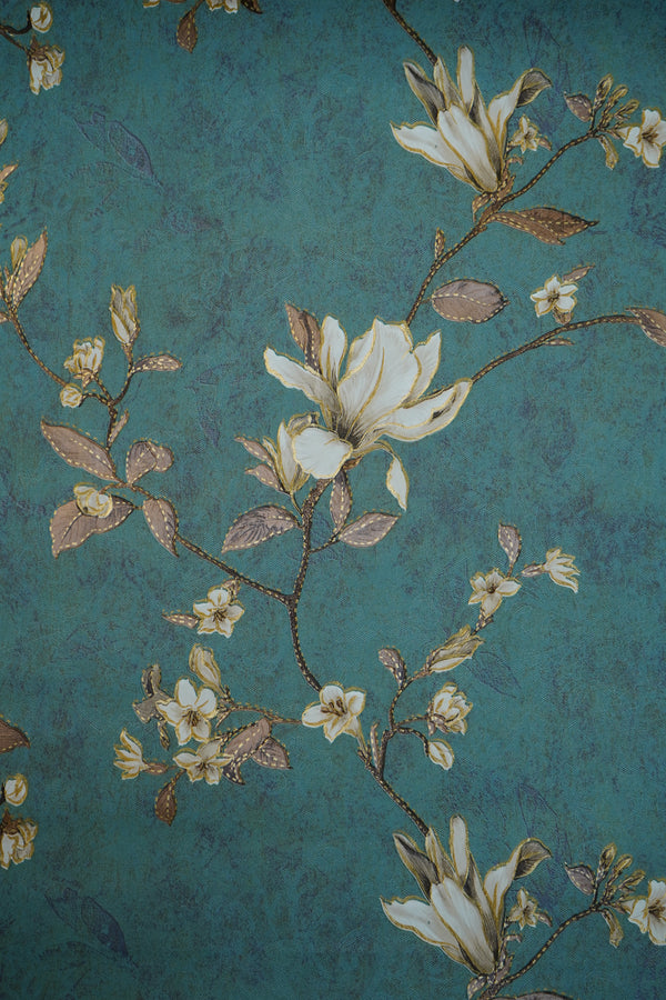 Turquoise Blue with Brown Leaves Design Wallpaper Damask Design Not Self Adhesive 53 Cm X 1000 Cm for PVC Vinyl Coated for  Wall Bedroom Living Room Latest Stylish for Home Decoration (Turquoise with Brown Leaves, 57 Sqft Roll) (NW-09)