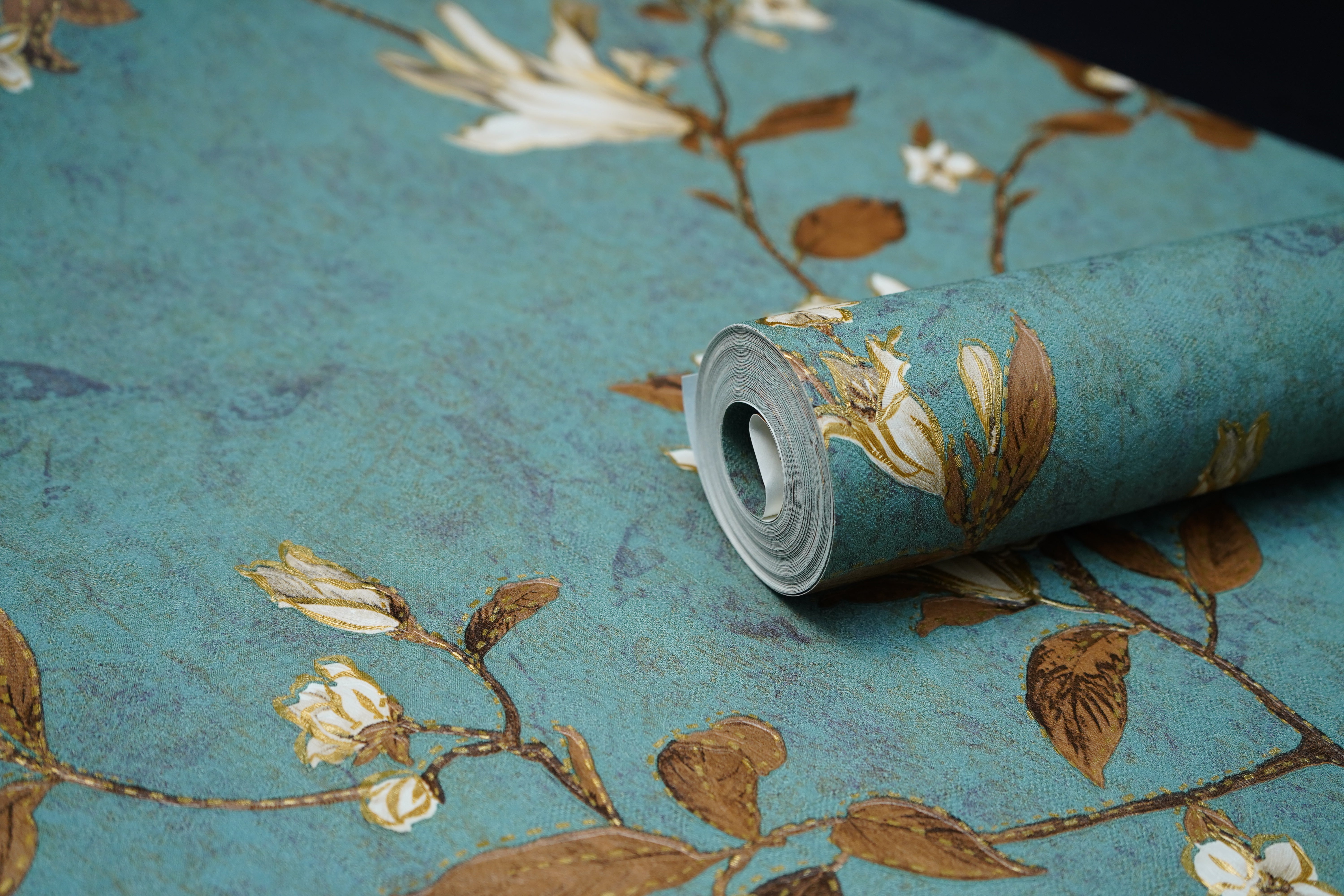 Turquoise Blue with Brown Leaves Design Wallpaper Damask Design Not Self Adhesive 53 Cm X 1000 Cm for PVC Vinyl Coated for  Wall Bedroom Living Room Latest Stylish for Home Decoration (Turquoise with Brown Leaves, 57 Sqft Roll) (NW-09)