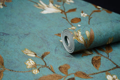 Turquoise Blue with Brown Leaves Design Wallpaper Damask Design Not Self Adhesive 53 Cm X 1000 Cm for PVC Vinyl Coated for  Wall Bedroom Living Room Latest Stylish for Home Decoration (Turquoise with Brown Leaves, 57 Sqft Roll) (NW-09)