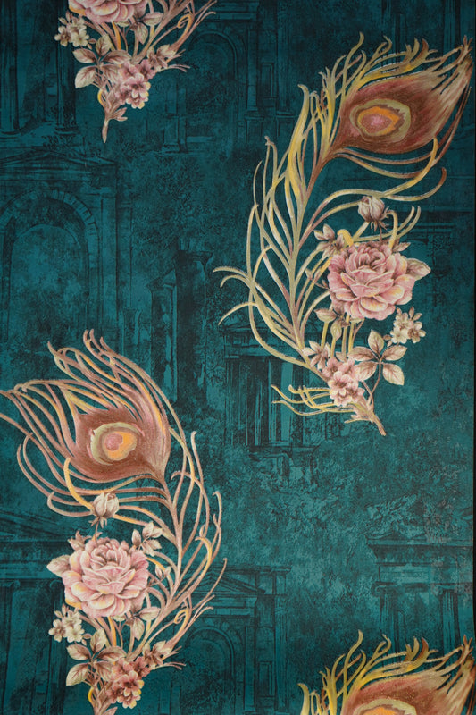 Dark Blue with Multicolor Feather on it  Not Self Adhesive 53 Cm X 1000 Cm for PVC Vinyl Coated for  Wall Bedroom Living Room Latest Stylish for Home Decoration (Blue & Cream , 57 Sqft Roll) (NW-13)