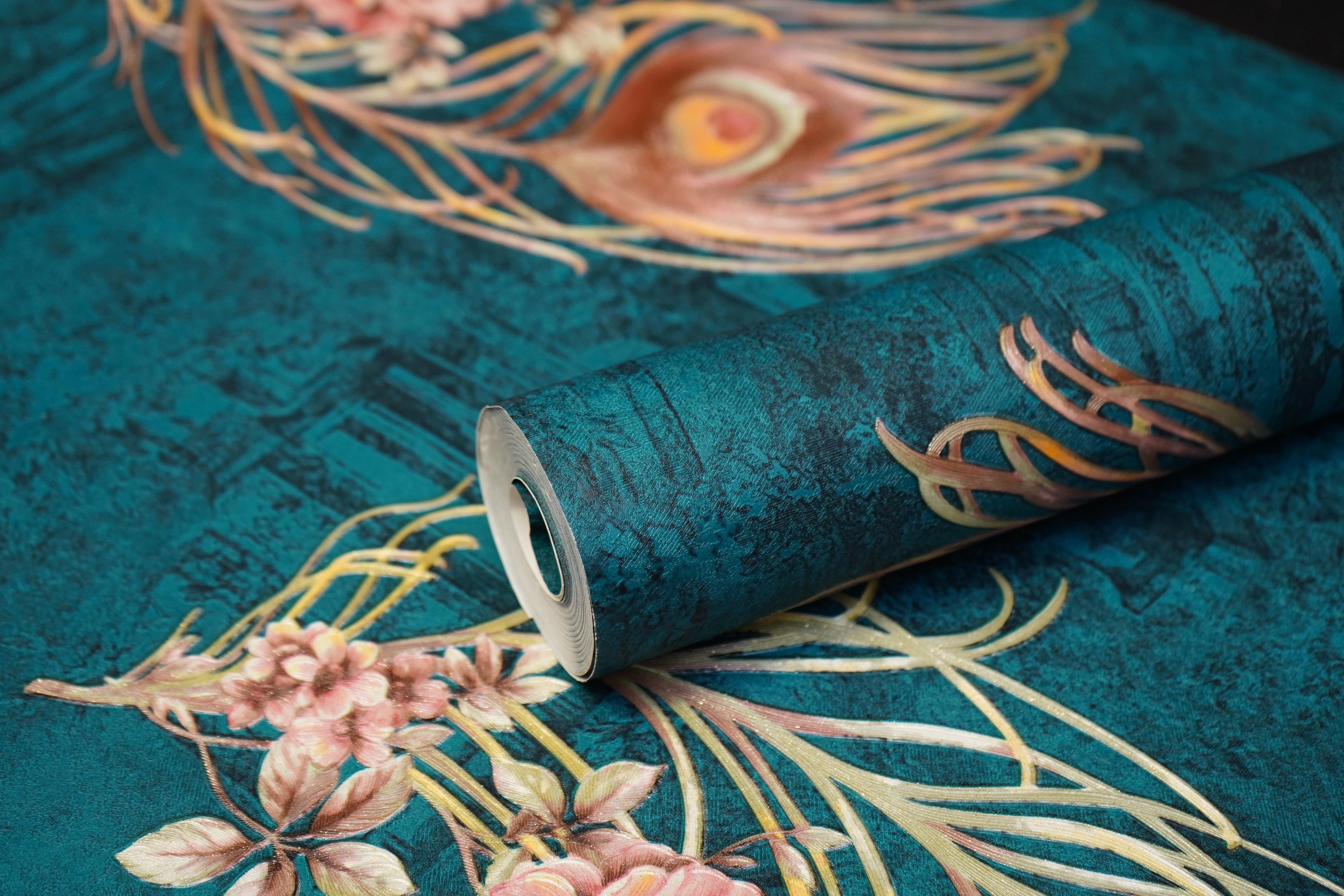 Dark Blue with Multicolor Feather on it  Not Self Adhesive 53 Cm X 1000 Cm for PVC Vinyl Coated for  Wall Bedroom Living Room Latest Stylish for Home Decoration (Blue & Cream , 57 Sqft Roll) (NW-13)